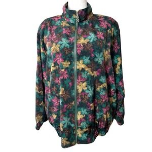 90's Leaf Print Windbreaker Bomber Statement Jacket Zip Up 1X Artsy Mock Neck